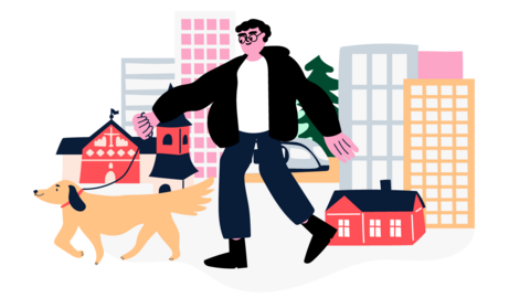 Mies kävelemässä koiran kanssa