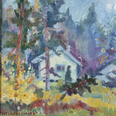 Öljyvärimaalaus jossa talo puiden takana.