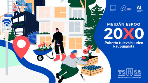 Piirroshahmoja puuhailemassa tulevaisuuden kaupungissa sekä teksti: "Meidän Espoo 20X0 - Puhetta tulevaisuuden kaupungista".