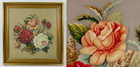 Tekstiilitaulu kukkaaiheella, vieressä yksityiskohta kuvasta.