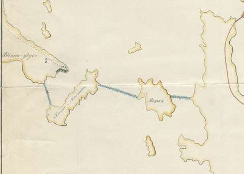 Karttapiirros 1850-luvun aikana toimineesta vedenalaisesta väyläesteen sijainnista.