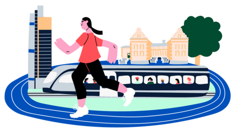 Piirroskuva naisesta joka juoksee kaupungissa