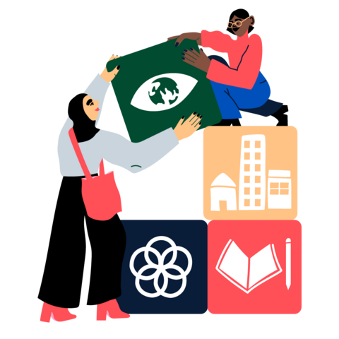 Kaksi naista kokoamassa rakennuspalikoita