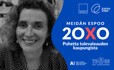 Mustavalkoinen kasvokuva Eva Furmanista, sininen muoto ja teksti Meidän Espoo 20X0 puhetta tulevaisuuden kaupungista. 