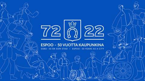 A drawing with Espoo 50 years as a city celebration logo and the years 72 and 22.