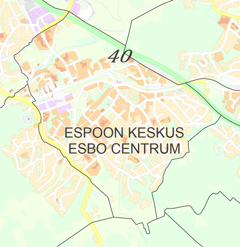 Karttakuva Espoon keskuksen kaupunginosasta.