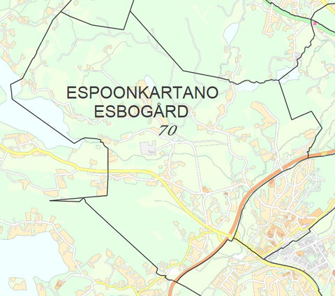 Karttakuva Espoonkartanon kaupunginosasta.