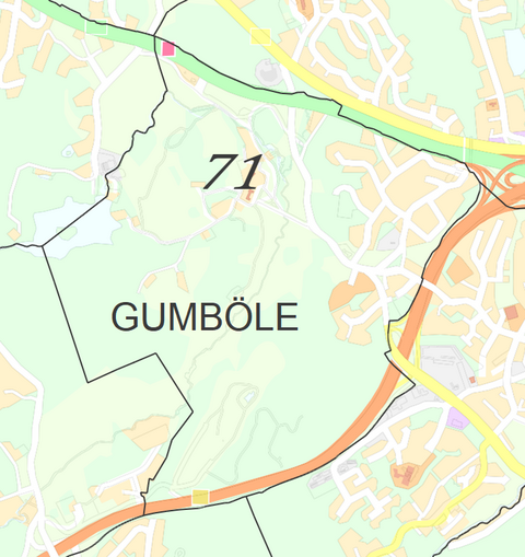 Karttakuva Gumbölen kaupunginosasta.