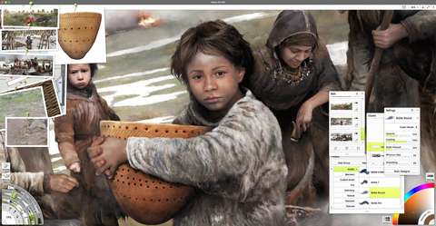 Näkymä Johtolankoja juurillemme -näyttelyn kuvittajan tietokoneen ruudulta.