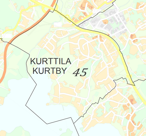 Karttakuva Kurttilan kaupunginosasta.