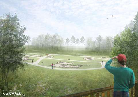 Havainnekuvassa henkilö katsoo puistoalueelle.