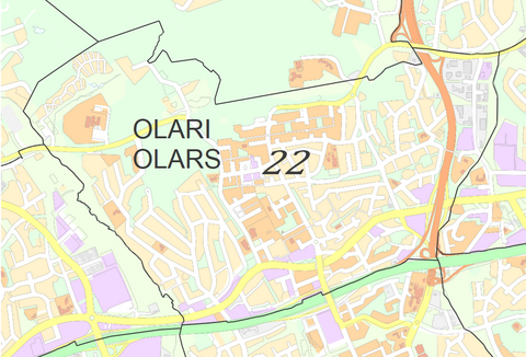 Karttakuva Olarin kaupunginosasta.