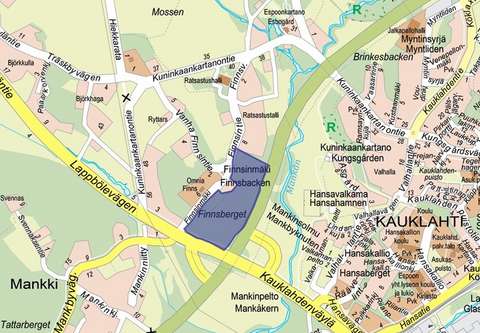 Suunnittelualue on rajattu opaskarttaotteeseen sinisellä.