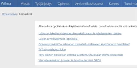 Wilma - Oma etusivu - Lomakkeet - Oppimisympäristön salasanan itsepalvelunollauksen käyttöönotto (lukiolaiset)