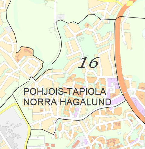 Karttakuva Pohjois-Tapiolan kaupunginosasta.