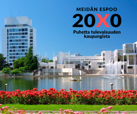 Kuva Tapiolasta ja kuvassa myös teksti, jossa lukee "Meidän Espoo 20X0, puhetta tulevaisuuden kaupungista".