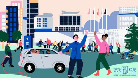 Piirroskuva Espoosta ja espoolaisista.