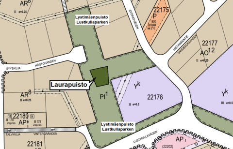 Leikkipuisto on neliönmuotoinen alue Lystimäenpuiston keskellä, karttakuva.