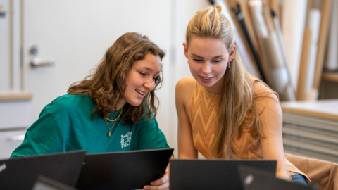 Two smiling young people watching the computer.