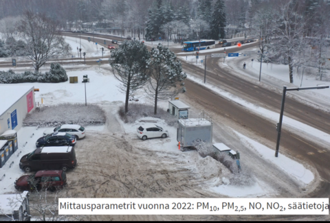 Valokuva Espoontorin parkkipaikalta, johon on sijoitettu mittausasema.