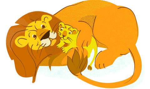 Piirroskuva: leijona pitää pentua sylissään.