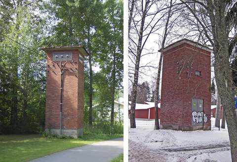 Kaksi erimallista muuntajaa asuinalueella, toinen talvella toinen kesällä.