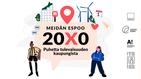 Piirroskuvassa kaksi hahmoa ja teksti, jossa lukee "Meidän Espoo 20X0, puhetta tulevaisuuden kaupungista".
