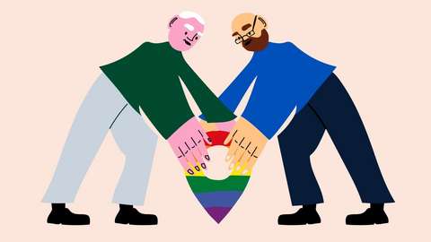 Two cartoon characters around a rainbow sign.