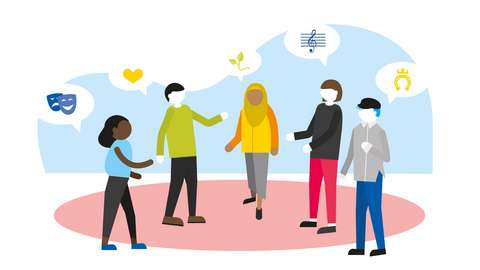 Piirroskuva viidestä erilaisesta ihmisestä keskustelemassa. 