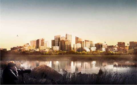 Illustration av vattenbassängen och det blivande stadscentrumet.