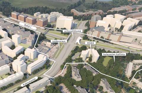 Kuvassa näkyy Kehä I:n ylittävä eritasoliittymä, kevyen liikenteen silta sekä Hopealehto-puistoon suunniteltu puurakenteinen kerrostalo.