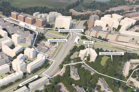 På bilden syns planskild anslutning över Ring I, bro för lätt trafik och det planerade trähöghuset i Silverlundsparken.