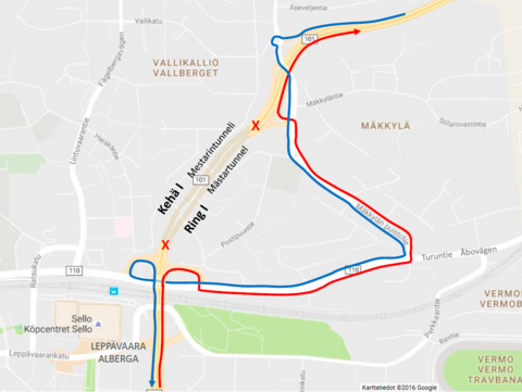 Karta visar omvägar via Åbovägen och Mäkkyläallén.