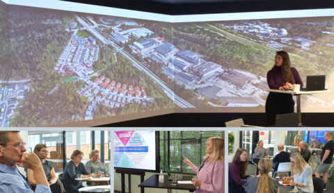 kuvakollaasissa ihmisiä työpajassa ja 3D-kaupunkikuvia näytöllä.