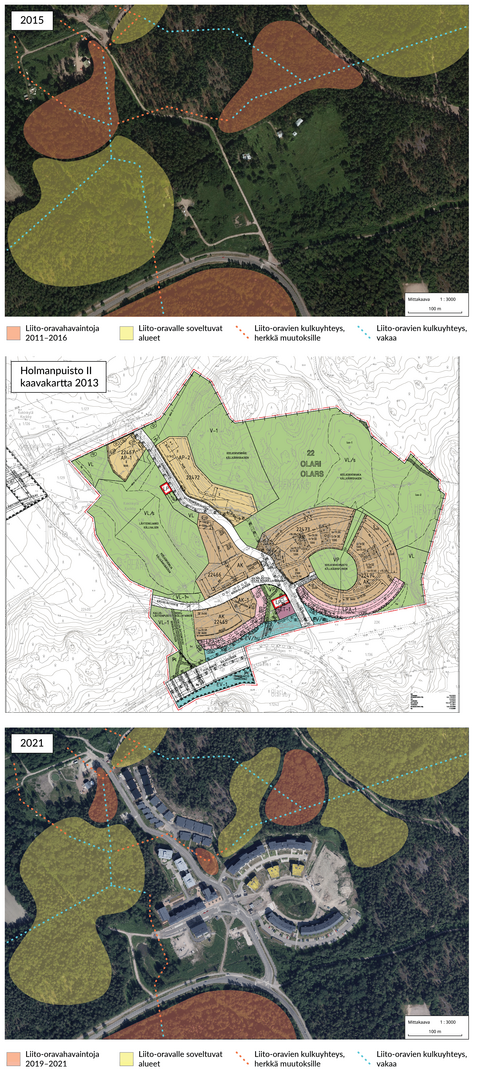 Kolme karttakuvaa, joista ylimmässä liito-oravan asuttamat ja sille soveltuvat alueet vuonna 2015 ennen rakentamista. Keskimmäisessä kuvassa alueen asemakaava vuodelta 2014 ja alimmassa liito-oravan asuttamat ja sille soveltuvat alueet vuosina 2019-2021.