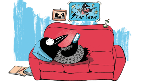 Piirretty Vahvuusvaris-hahmo makaa sohvalla puhelin kädessä.