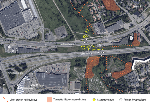 Kartta Finnoonlaakson alueesta, kartalle merkitty Länsiväylän kohdalle 5 hyppytolppaa ja Kuitinmäentielle 3. Lisäksi puuistutukset näiden välille, liito-oravien kulkuyhteydet ja elinympäristöt.