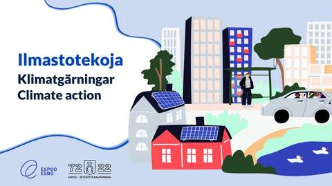 Ilmastotekoja-näyttelyn piirretty tiedotuskuva, jossa on aurinkopaneeleita talojen katoilla, luontoa, kimppakyyti, henkilö bussipysäkillä ja korkeita taloja.