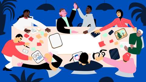 Espoon visuaalinen ilme. Piirrettyjä hahmoja pöydän ympärillä.