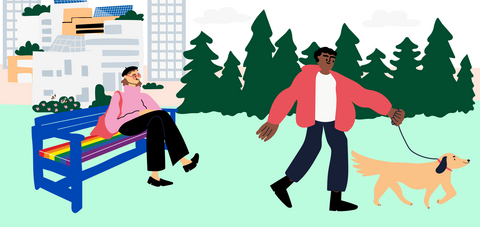 Kuvituskuvassa hahmo istuu sateenkaaripenkillä