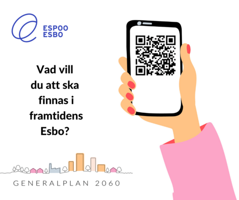 en teckning av en hand som håller i en telefon och texten: Hur skulle du vilja att framtiden skulle se ut i Esbo.