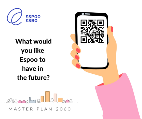 a drawing of a hand holding a phone and the text: What would you like the future to be like in Espoo.