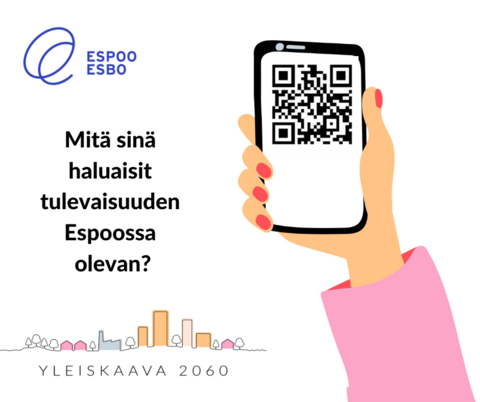 piirroskuva puhelinta pitävästä kädestä ja teksti: Mitä sinä haluaisit tulevaisuuden Espoossa olevan.