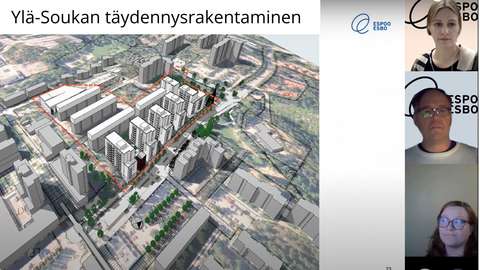 Teams-kokouksen kuvaruudulla näkyy havainnekuva Ylä-Soukan täydennysrakentamisesta ja puhujien kasvoja.