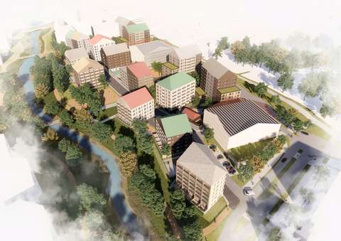 I illustrationen syns Esbo å till vänster och ett parkliknande område vid dess stränder. Till höger syns nya byggnader.