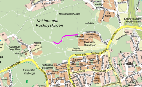 Opaskarttaotteeseen on merkitty reitin osuus punaisella viivalla.