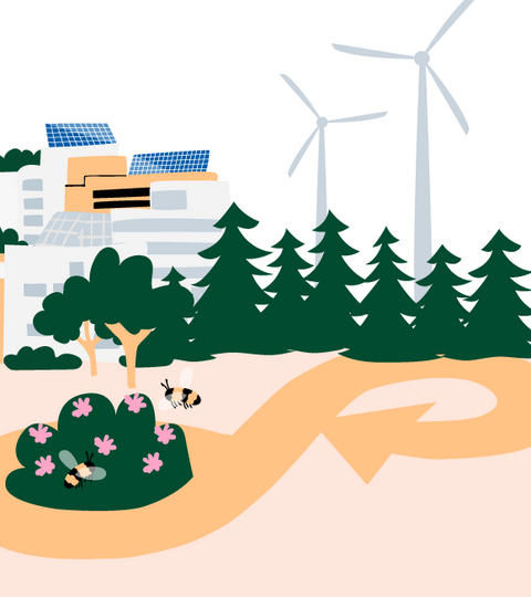 Piirroskuvassa aurinkopaneeleita rakennusten katoilla ja metsän takana tuulivoimaloita