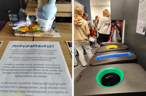 Två bilder: i den första visas typer av plastförpackningsavfall med ett instruktionsblad för sortering, och i det andra visas återvinningskärl i olika färger med elever från Jousenkaari grundskola bakom dem.