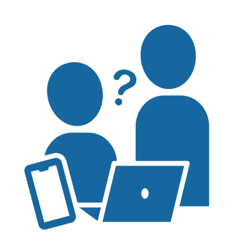 Digituen symboli. Piirroskuvassa kaksi hahmoa, joista toinen istuu tietokoneen ja kännykän kanssa, toinen seisoo vieressä. Kysymysmerkki välissä.