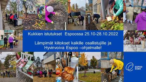 Kuvassa useampia kuvia, jossa ihmisiä istuttamassa kukkia Espoon palvelukeskusten pihoilla. 